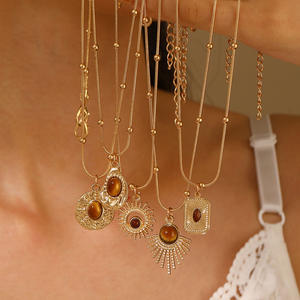 Collar de ojo de tigre marrón Retro Vintage para mujer, cadena de suéter con colgante cuadrado redondo <span class=keywords><strong>Sunshine</strong></span> para uso diario - Product Image 3