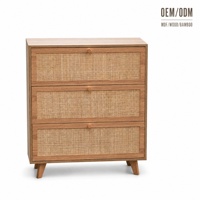 Commode à 3 tiroirs en MDF et rotin naturel avec poignées dorées, finition polie moderne - Armoire haute pour chambre, salon, chambre d'enfant - OEM/ODM
