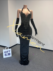 Strass abiti da compleanno donna con guanti lunghi aderenti scollo capestro senza schienale abiti da sera neri eleganti - Product Image 5