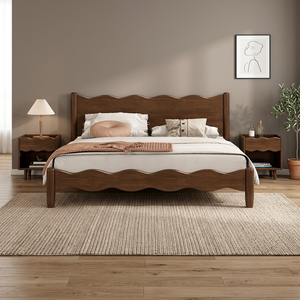Premium Solid Teak <b>Wood</b> <b>Bed</b> Frame Set Scalloped <b>Headboard</b> Platform <b>Bed</b> with 2 Nightstands - Product Image 3