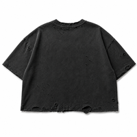 Kaos Crop Pria Berhias Rhinestone, Model Acid Wash Charcoal, Boxy Heavy Distressed Shredded, Supplier Grosir