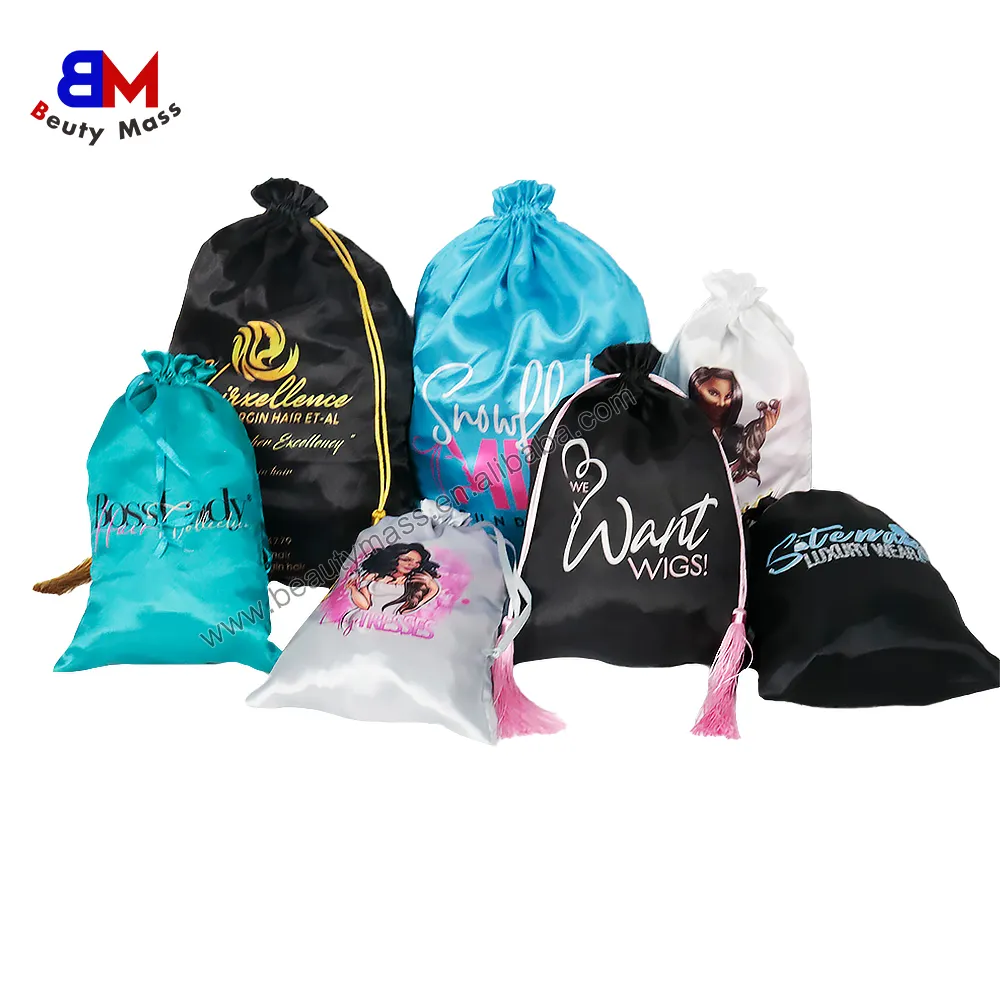 LOGO personalizzato Draw String Satin Pouch Bag parrucca Storage sacchetti regalo Luxury Dust Hair Bundle sacchetti con coulisse in raso di seta con Logo