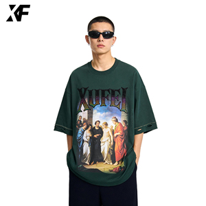 T-shirt <span class=keywords><strong>Homme</strong></span> XUFEI <span class=keywords><strong>Original</strong></span> Distressed 250gsm en Coton Pima Peigné Brodé Personnalisé Coupe Boxy DTG Effet Usé Lourd 250 Gsm - Product Image 2
