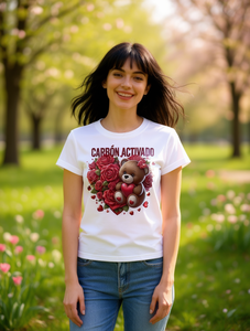 T-shirt da donna con stampa orsetto e rose, a maniche corte, girocollo, casual, primavera estate, 100% cotone jersey, carina e alla moda - Product Image 2