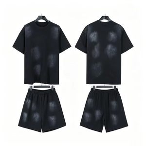 Oversized baggy Fit 380gsm Cotton French Terry T-Shirt and Shorts <b>Set</b> Men's Washed Ink Splash Distressed Streetwear Style - Product Image 1