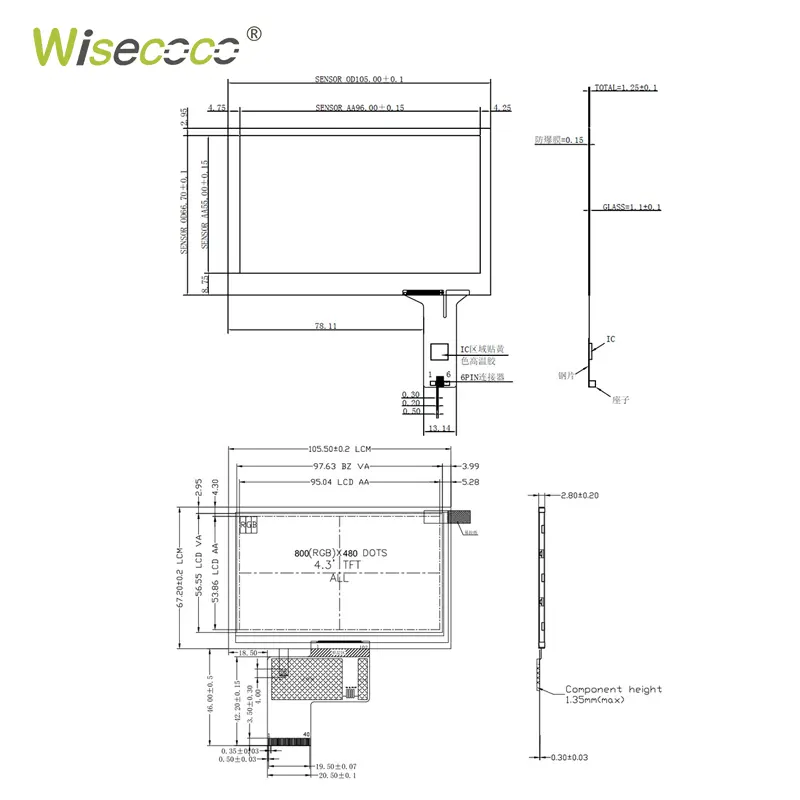 Wisecoco tamaño de pantalla personalizado interfaz de brillo Rango de temperatura 4,3 pulgadas Ips Tft pantalla RGB 800*480 4,3 pantalla Lcd