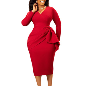 แฟชั่นฤดูใบไม้ร่วง/ฤดูหนาว ชุดเดรสทรงเข้ารูป คอวี แขนยาว สีพื้น แต่งระบาย สำหรับใส่ทำงาน สไตล์แอฟริกันสำหรับผู้หญิง - Product Image 1