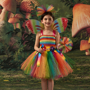 Crianças Dança Performance Stage Costume Natal Meninas Festa Carnaval Vestuário Com Asas Rainbow Tutu Vestido para Crianças - Product Image 1