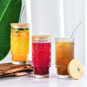 3D Embossed Glass <strong>Cup</strong> <strong>with</strong> Bamboo <strong>Lid</strong> and Straw, Multi-Purpose Beverage <strong>Cup</strong> for Hot &amp; Cold Drinks - Product Image 5