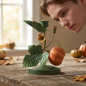 Portavelas de hierro con diseño de calabaza naranja y hojas verdes para decoración del hogar - Product Image 2