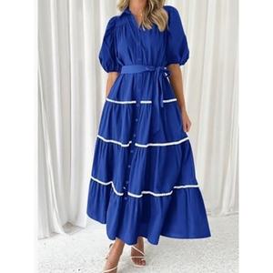 Wholesale Custom OEM High Quality Womens Midi <b>Dress</b> Bubble Sleeve Lace Layered Pleated Short Sleeve Natural Waist Shirt <b>Dress</b> - Product Image 2