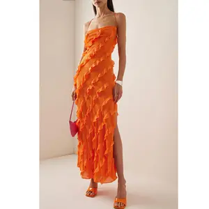 Robe Mi-Longue Dos Nu à Col V Orange Sexy pour Femmes