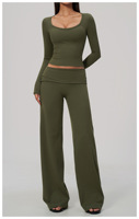 Ensemble de yoga et fitness deux pièces pour femme, col en U, haut court à manches longues, pantalon taille haute à jambes larges, tenue décontractée et douce pour le sport