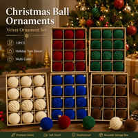 Décoration de maison de vacances : Lot de 12 boules de Noël floquées en velours doux (6-8 cm) pour suspendre à l'arbre, en boîte, vente en gros