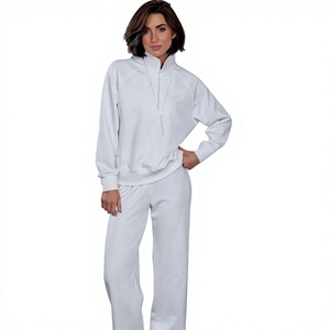 Womens <b>White</b> <b>Quarter</b> <b>Zip</b> Tracksuit Heavyweight Stand Collar Pullover And Matching Sweatpants Set Two-Piece Casual Streetwear - Product Image 1