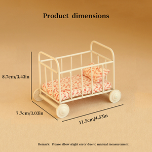 Miniature Vintage Metal Crib Dollhouse White Lace Canopy Wheels Floral <strong>Bedding</strong> Striped Nursery Decor Ornament Gift - Product Image 2