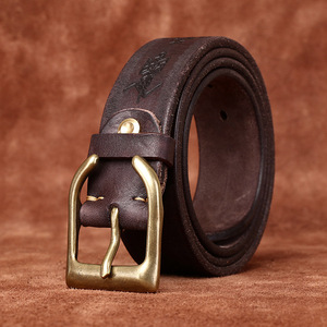 Cinturón de piel de vaca con capa de cabeza curtida de planta de cuero grueso para hombre, cinturón de mezclilla tallado con tendencia de personalidad Retro para hombre - Product Image 1