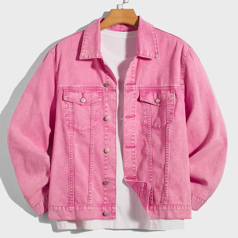 Streetwear Customized Pink Color Motorcycle Denim Jacket Cotton Washing Unisex Denim Jackets