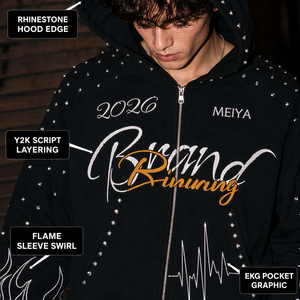Sudadera con capucha negra para hombre, personalizada, 460GSM, con pedrería, gráfico Y2K <span class=keywords><strong>Script</strong></span> EKG y diseño de llama en espiral, con cremallera, para estilo Cyber Grunge Streetwear - Product Image 2