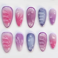 Uñas Postizas Coloridas en 3D con Diseño de Estrella y Flores, Forma de Almendra, Acabado Metálico, Pintadas a Mano, Reutilizables para Mujer