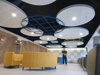 Plafonds suspendus en panneaux de fibre de verre, isolation acoustique, dalles de plafond suspendu, tailles et couleurs personnalisables.
