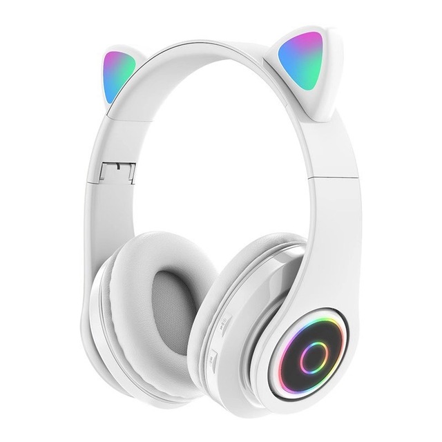 Foldable Wireless Over-Ear Headphones Kids Waterproof LED Lights Volume Control Sports Cat Ear Motorcycle Designed Girls