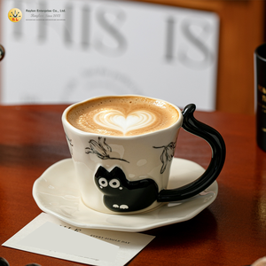 Ensemble tasse et soucoupe à café en céramique 3D en relief motif <span class=keywords><strong>chat</strong></span>, bord ondulé festonné, motif floral, écologique, poignée incurvée brillante, pour café - Product Image 3