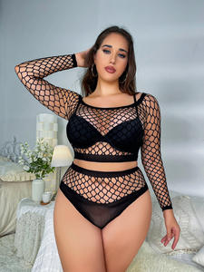 <span class=keywords><strong>Grande</strong></span> <span class=keywords><strong>taille</strong></span> Design de mode évider <span class=keywords><strong>grande</strong></span> résille à manches longues body tenues haute élasticité érotique femme Lingerie - Product Image 4