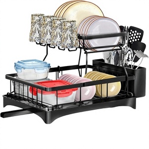 Égouttoir à vaisselle noir à 3 niveaux pour évier avec porte-ustensiles, panier à couverts et plateau d'égouttage - Product Image 1