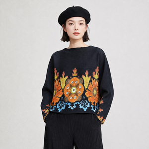 Kadın Sanatsal Çiçek Baskılı Pileli Üst Yuvarlak Yaka Uzun Kollu Yatay Pileli Bluz Zarif Miyake Tarzı Moda Gömlek - Product Image 1