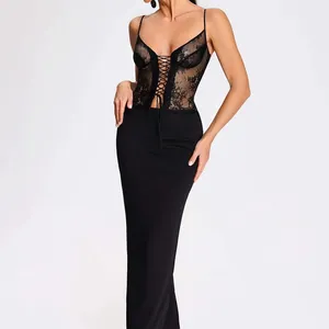 Bella Barnett Spaghetti Strap Long Black Party Sexy Mesh Bodycon Lace Maxi Dresses Women Ladies Elegant