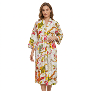 100% Pure Cotton Women's Lightweight Breathable Kantha Jacket Floral Printed Kimono Bohemian Casual Summer Winter Wear Front - Product Image 1