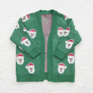 Cardigan en tricot de Noël en gros pour filles, motif sapin et Père Noël vert et rouge, col en V, manches longues, vêtement d'extérieur d'hiver - Product Image 2