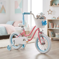 Vélo pour filles de 16 pouces, cadre en acier au carbone, édition rose rêveuse et blanc, accents bleu clair, panier orné d'un nœud, poignée à pompons, stable