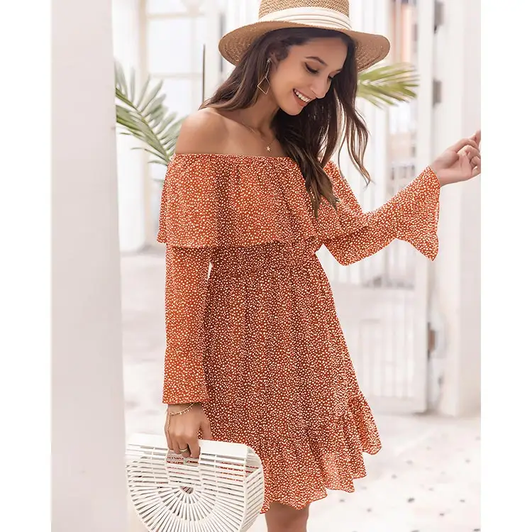 Casual Dresses High-quality Original Design Floral Orange Off Shoulder Dress Dresses Women Summer Casual