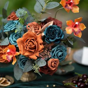 結婚式の装飾人工ティール & バーントオレンジコンボバラ造花DIY緑の花輪婚約家の装飾 - Product Image 6