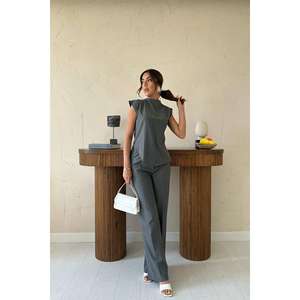 Conjunto de Camisa Gris sin Mangas con Botones y Pantalones de Traje para Mujer, Ropa Formal de Oficina, Atuendo de Negocios, Pantalones de Pierna Ancha - Product Image 4