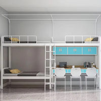 Lit superposé robuste 4 places, style moderne et minimaliste, avec cadre en acier blanc, bureau d'étude, casiers de rangement et panneau multimédia USB rotatif