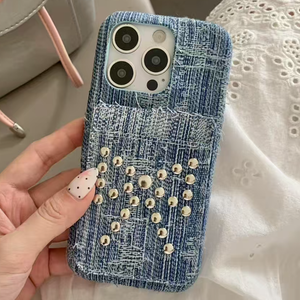 Nouveau Cool 3D fait à la main goujons Denim tissu couverture arrière de protection pour <span class=keywords><strong>iPhone</strong></span> 13 14 15 16 Plus Pro Max étui de téléphone portable - Product Image 1