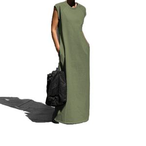 Robes longues maxi droites sans manches en coton de couleur unie à col rond pour femmes, personnalisables en gros – Robe gilet tendance - Product Image 1