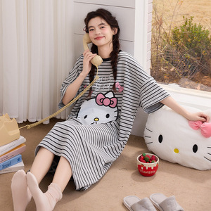 <span class=keywords><strong>Pijamas</strong></span> Casuales de Verano para Mujer, Manga Corta, Rayas, Dibujos Animados, Bonitas, Camisón de Longitud Media, Estilo Coreano, Holgadas, de Algodón, para el Hogar - Product Image 4