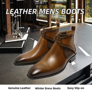 Bottes habillées en cuir véritable pour hommes, à enfiler, bout pointu, semelle extérieure en caoutchouc, motif uni, chaussures élégantes pour le bureau et la carrière - Product Image 2