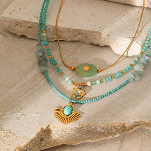 Tarnish-Free <strong>Boho</strong> Stainless Steel Snake Chain Choker Trendy Natural Amazonite Beads Stacking <strong>Necklace</strong> with Diamond Main Stone - Product Image 3
