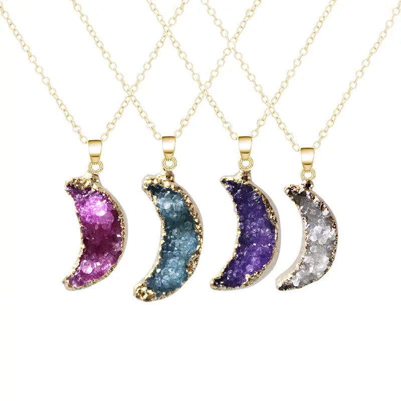Pendentif Druzy Moon en pierre de cristal naturel, collier de pierres précieuses, accessoires de bijoux, bricolage