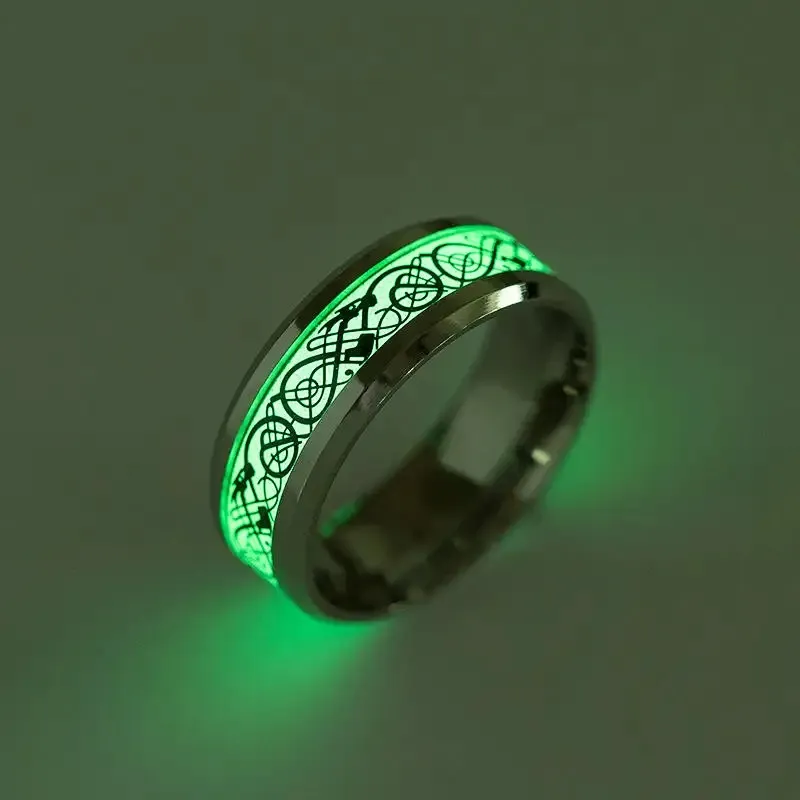 Мужское серебряное кольцо из нержавеющей стали с текстурой дракона, светящееся в темноте