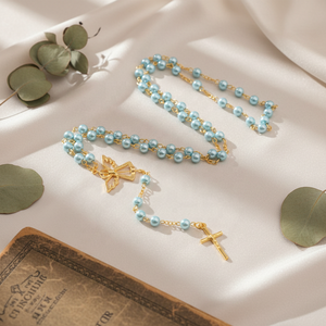 カトリックロザリオ ピンクガラスパールビーズ 天使の羽 トレンディなイエスロザリオネックレス 6MM ゴールドジュエリー 卸売 - Product Image 2