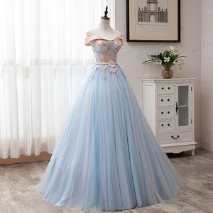 Off The Shoulder Light Blue Tulle Ball Gown Floral Print Empire Waist Evening Dress For Women Adult - Product Image 2