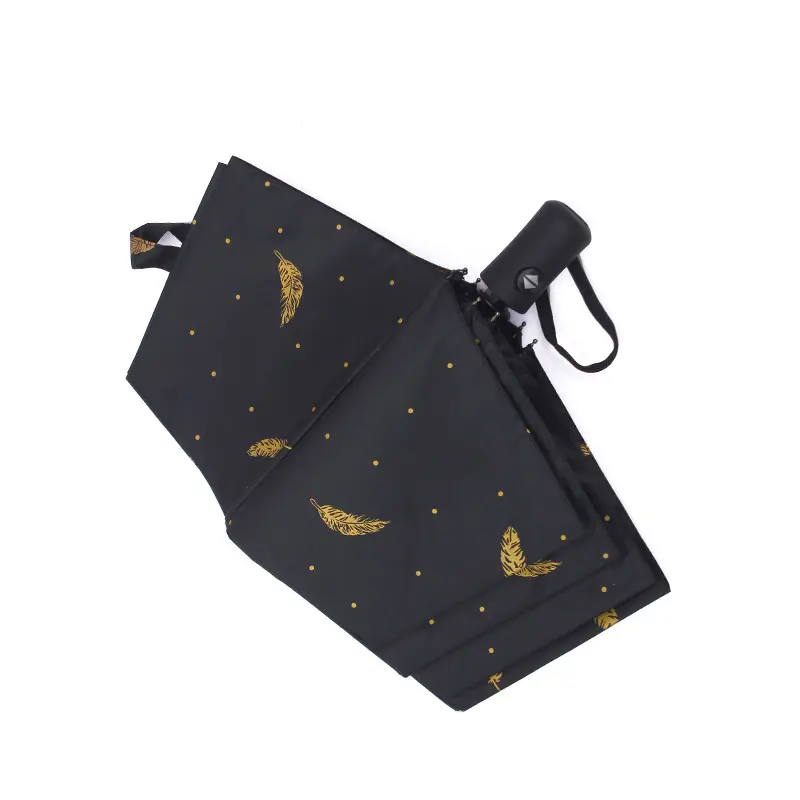 도매 새로운 금 스탬핑 깃털 패턴 3 배 휴대용 자동 우산 사용자 정의 로고가 될 수 있습니다
