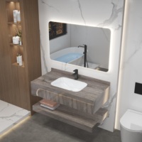 Vasque flottante sans joint en pierre frittée à double couche effet bois avec panneau en verre et éclairage intégré pour projets hôteliers - Vente en gros
