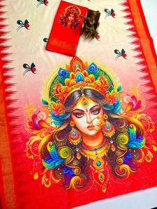 Durga Puja Chanderi ผ้าฝ้ายพิมพ์ดิจิตอล, โมเดลซารีบานาราซิสไตล์อินเดียผ้าจอร์เจียหนักผ้าปักโมดัลต่ำ - Product Image 3